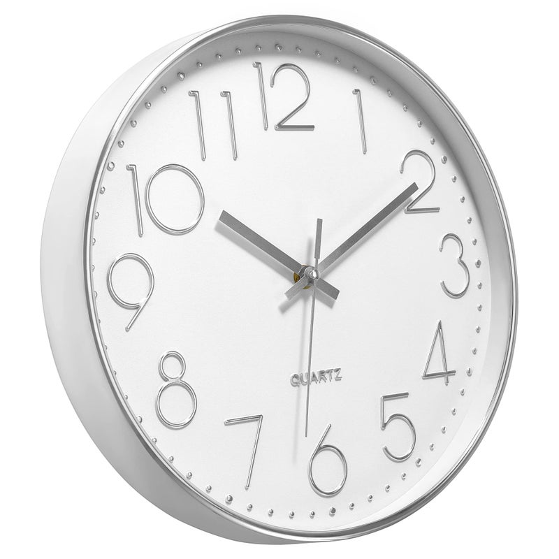 Foxtop Silver Wall Clock Silent Non-Ticking Battery Operated Round Modern Wall Clock for Office School Home Living Room Bedroom Bathroom Kitchen Decor 12 inch - Image 5